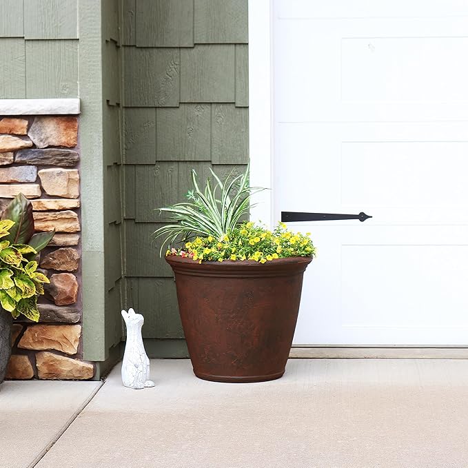 Sunnydaze 24-Inch Anjelica Large Plastic Pot for Plants - Outdoor Polyresin Round Planter with Drillable Drainage Holes - Rust-Ruum Studio Home