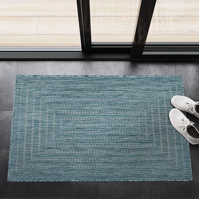 Adiva Rugs Outdoor Indoor Area Rug, Weather Resistant, Easy to Clean, Stain Resistant Floor Mat for Dining Room, Backyard, Deck, Patio (Aqua Weiss, 2' x 3')-Ruum Studio Home