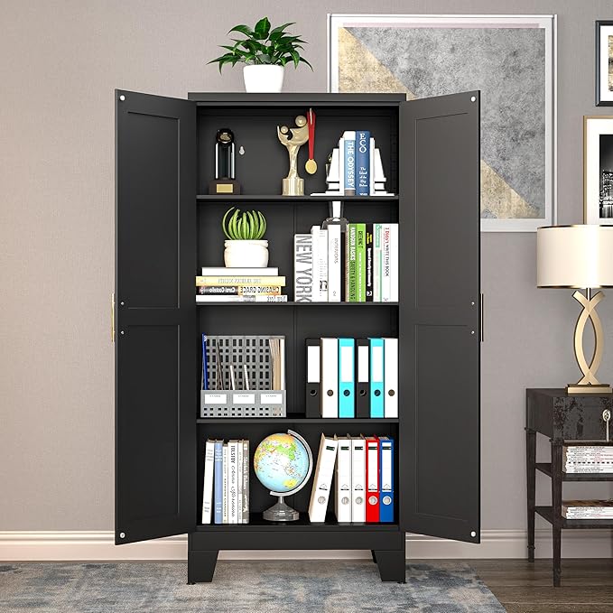 61.02" Kitchen Pantry Cabinet, Pantry Storage Cabinet with 2 Doors and Adjustable Shelves, Black Food Storage for Kitchen, Living Room, Bedroom and Dining Room (Black) Metal Sideboard-Ruum Studio Home