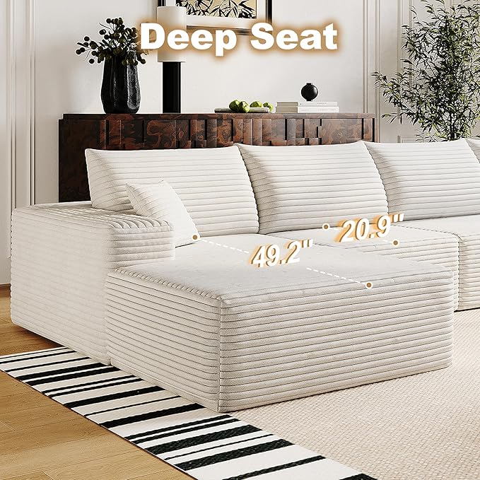 108" Sectional Couches for Living Room Modern Modular Sofa with L-Shape Couchs Upholstered Boneless Couch Deep Seat Sectional Couch with Chaise (White, Left Facing Chaise+2Seaters+1Ottoman)-Ruum Studio Home
