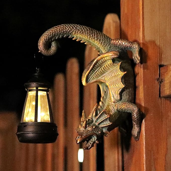 Solar Dragon Tree Hugger Statue Wall Decor - Gothic Garden Statue with Solar Lantern, Outdoor&Yard Decor, Fantasy Dragon Figurine for Trees, Walls, or Fences - Unique for Men & Women-Ruum Studio Home