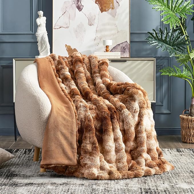 Cozy Bliss Faux Fur Throw Blanket for Couch, Fuzzy Soft Plush Thick Bubble Blanket for Sofa Bedroom Living Room, 50 * 60 Inches Tie Dye Brown-Ruum Studio Home