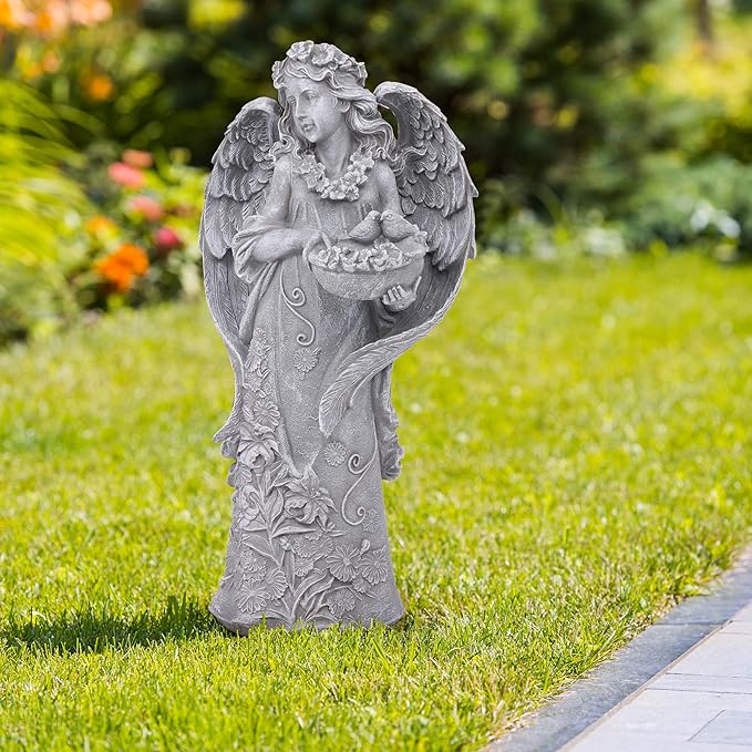 Outdoor Statues Angel Décor Garden Statue- 23.5" H Angel Statue,Resin Angel with Bird Figurine, Ideal for Yard, Patio, Deck, Home Entryway, and Hallway（Grey）-Ruum Studio Home