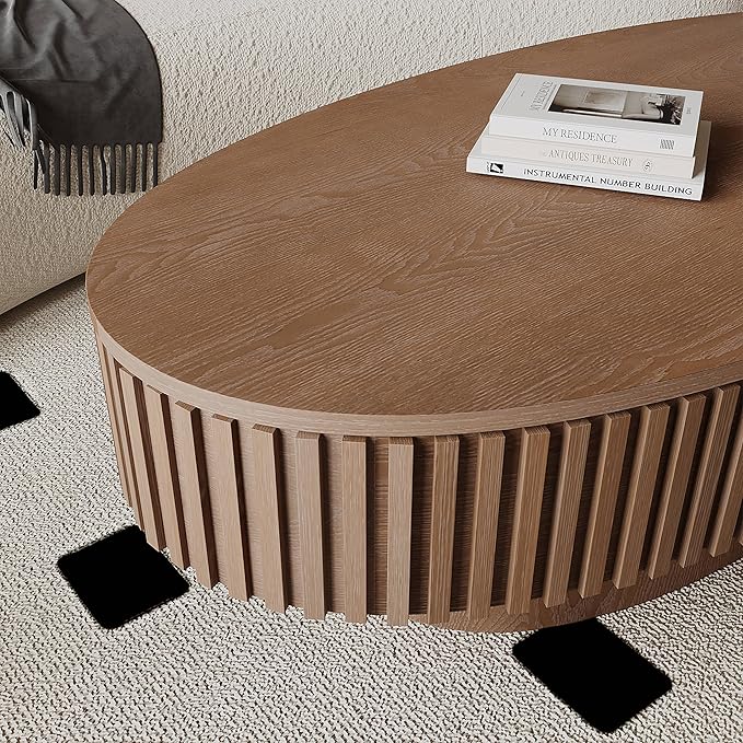 47.2''Oval Coffee Table with Storage, Mid Century Modern Fluted Drum Center Tables with Lid, Solid Wood Side Pedestal Coffee Table Tea Table for Living Room, Bedroom, Apartment-Walnut-Ruum Studio Home