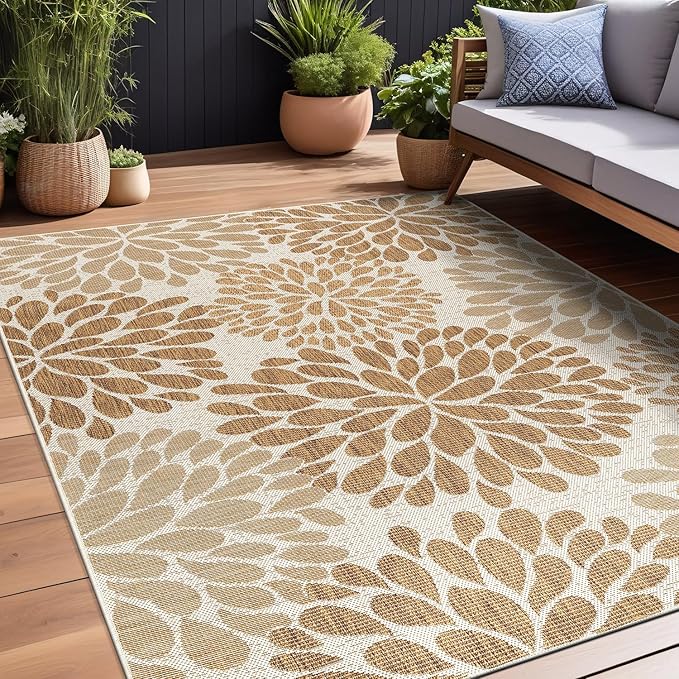 Beverly Rug Outdoor Rug 10x14 Modern Exotic Tropical Leaf Area Rugs for Indoor and Outdoor Patio Deck Porch Garden Water Resistant Washable Outside Carpet (10 x 14 Beige)-Ruum Studio Home
