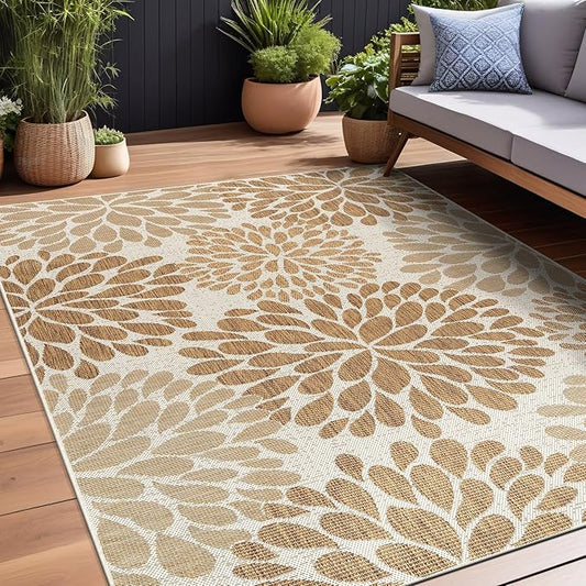 Beverly Rug Outdoor Rug 9x12 Modern Exotic Tropical Leaf Area Rugs for Indoor and Outdoor Patio Deck Porch Garden Water Resistant Washable Outside Carpet (9 x 12 Beige)-Ruum Studio Home