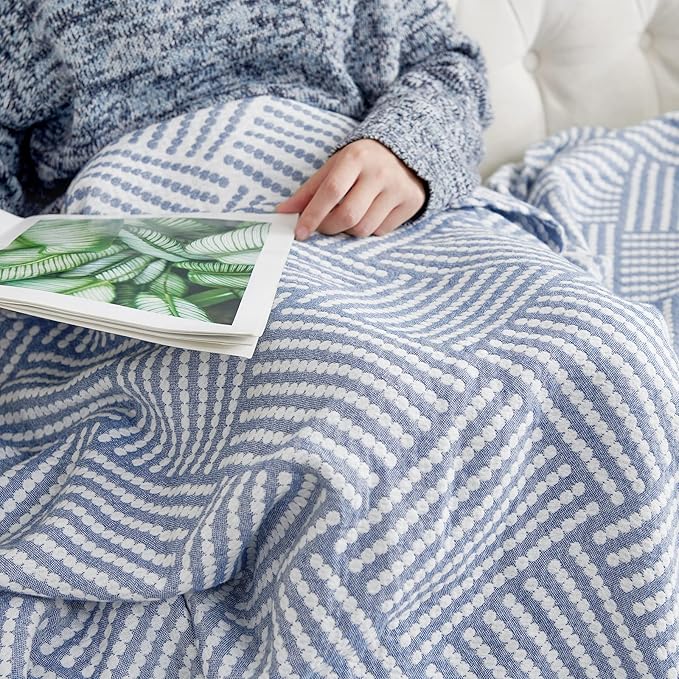 jinchan Boho 100% Cotton Blanket Muslin 50x60 Inches Lightweight 3-Layer Geometric Square Striped Pattern Reversible Quilt Throw Soft Breathable Comfy All Seasons for Couch Bed Decor, Blue-Ruum Studio Home