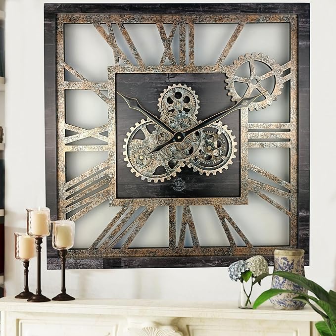 The Gears Clock 24'' Inch Square Real Moving Gear Wall Clock Vintage Industrial Oversized Rustic Farmhouse (Vintage Black)-Ruum Studio Home