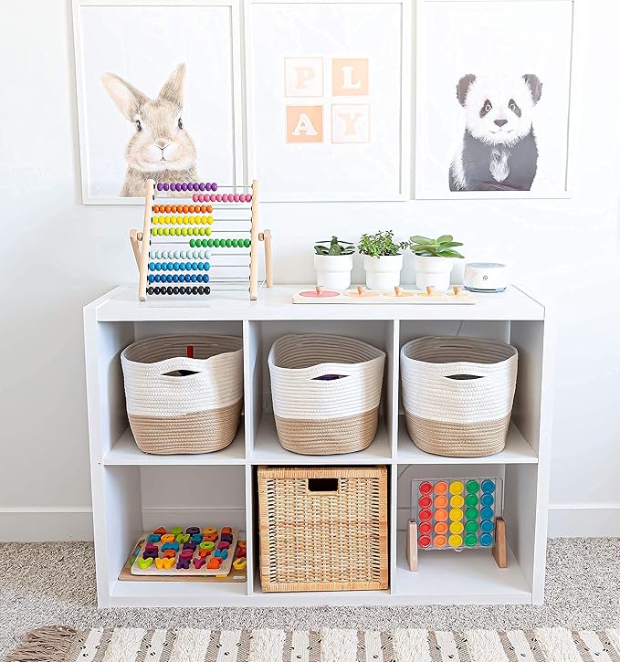 OrganiHaus Set of 3 Woven Storage Baskets for Organizing, Cotton Rope Organizer Bins for Shelves, Closet & Nursery, Dog Toy Basket, Decorative Bins for Toys, Towels & Books - 15x10x9, Honey/Off-White-Ruum Studio Home