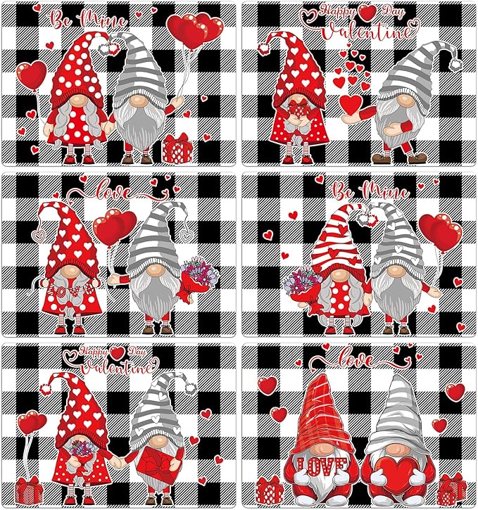 Valentine's Day Placemats Set of 6 Gnomes Plastic Table Mats Buffalo Plaid Place Mats Washable Vinyl Love Hearts Table Decoration for Anniversary Wedding Party Kitchen Dining Table-Ruum Studio Home
