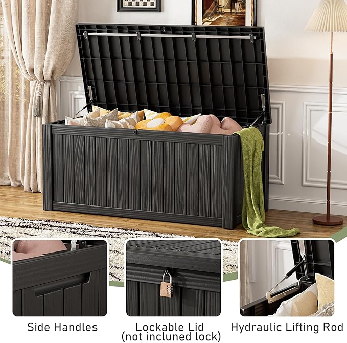 KAMABOKO Outdoor Storage Box, 120 Gallon Large Outdoor Resin Deck Box, Storage Waterproof Boxes Lockable Lid for Garden Tools, Pool Supplies, Patio Furniture and Cushions, Black-Ruum Studio Home