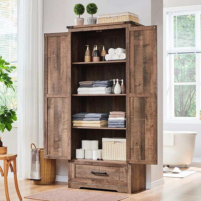 Farmhouse Kitchen Pantry Cabinet - 72" Tall Wood Kitchen Storage Cabinets with Adjustable Shelves & 2 Barn Doors & Drawer, Versatile Storage for Dining Room, Bathroom, Utility Room, Light Brown-Ruum Studio Home