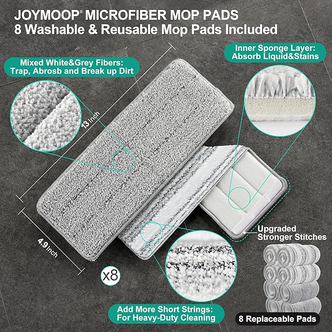 JOYMOOP Mop and Bucket with Wringer Set, Hands Free Flat Floor Mop and Bucket, with 8 Washable Microfiber Pads, Wet and Dry Use, Floor Cleaning System-Ruum Studio Home
