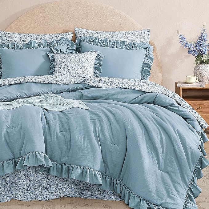 Full Comforter Set - 7 Pieces Ruffle Blue Bedding Sets, Shabby Chic Farmhouse Bed in a Bag Full with Ruffle Comforter, Floral Sheets, Pillowcases & Shams-Ruum Studio Home