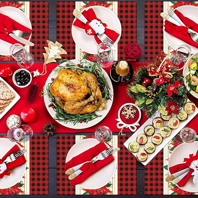 Christmas Poinsettia Placemats Set of 6 Red Watercolor Poinsettia Plastic Table Mats Christmas Xmas Red Flower Place Mats Winter Holiday Table Decoration for Indoor Outdoor Party Kitchen Dining-Ruum Studio Home