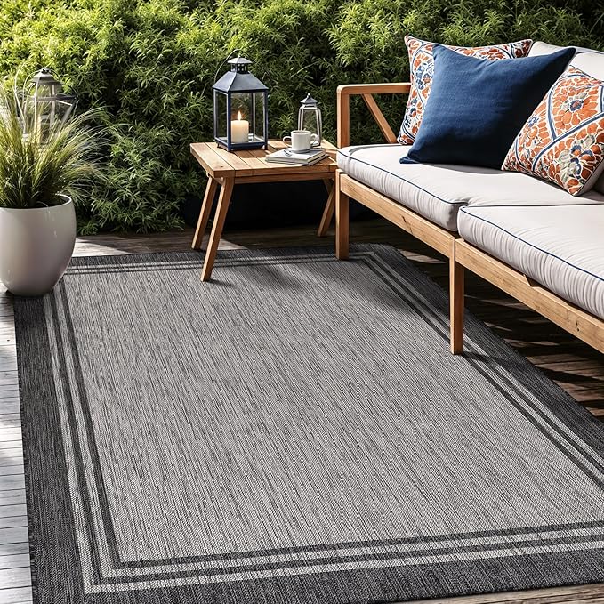 Bordered Outdoor Rug 9x12 Washable Outside Carpet for Indoor Patio Porch Waterproof Easy Cleaning Non Shedding Area Rugs Dark Gray 9 x 12-Ruum Studio Home