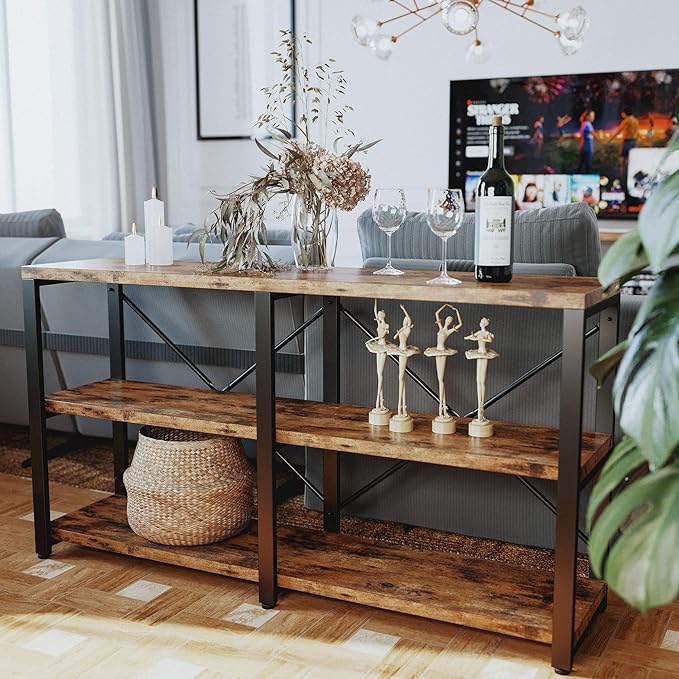 IRONCK Rustic Entryway Console Table, Long Hallway Table 55 in 3-Tier, TV Stand Entertainment Center Media Stand for Living Room, Industrial Style, Vintage Brown-Ruum Studio Home