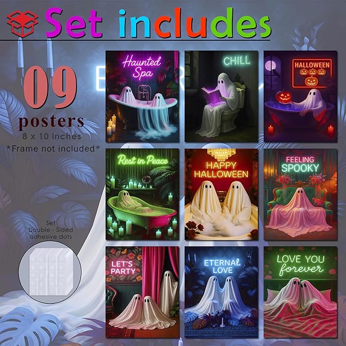 LANCHI95 Halloween Ghosts Wall Art Halloween Wall Art Gothic Romantic Couple Cute Ghost Wall Decor Pictures Horror Wall Decor for Living Room Bedroom, Set 9pcs - 8x10 in (UNFRAMED)-Ruum Studio Home
