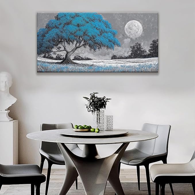 TAIJXAGSG Wall Art For Living Room Blue Tree Moon Canvas Art Wall Print Decor Artwork Print Painting 24" X 48" Modern Wall Art Picture For Bedroom Modern Salon Kitchen Office Home Wall Decor-Ruum Studio Home