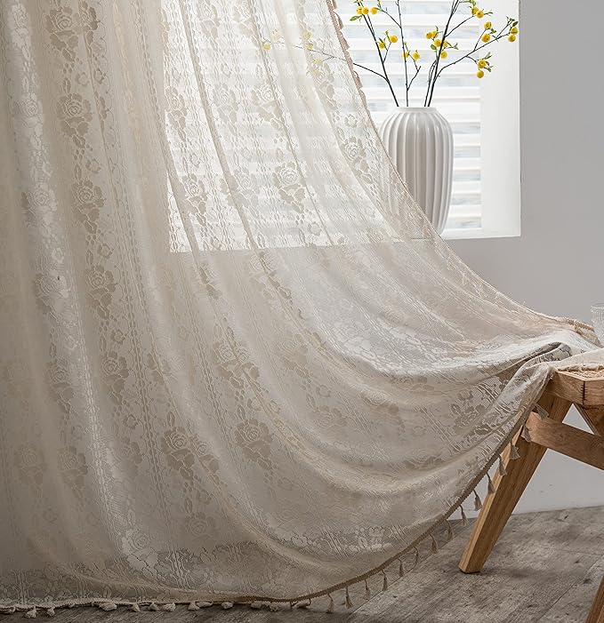 Sutuo Home Crochet Boho Curtains Rose Florals Embroidery, Sheer Lace Handmade Tassels Knitted Window Treatment Vintage Rustic Bohemian Farmhouse Drape for Bedroom Rod Pocket 1 Panel 59" W x 84" L-Ruum Studio Home