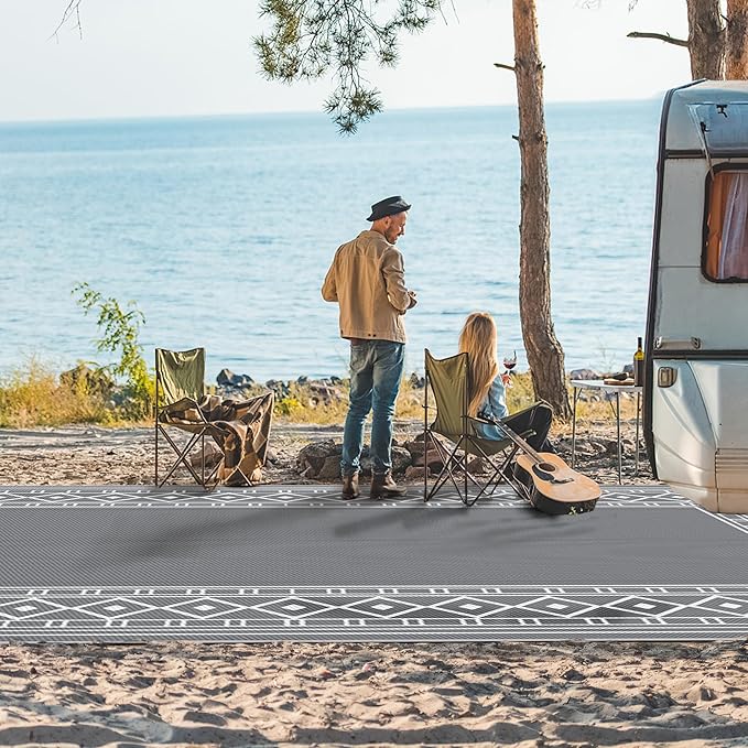 GENIMO Outdoor Rug Waterproof Area 10'x14' for Patio, Foldable Reversible Plastic Straw Carpet for Travel Trailers, Outside Mat for Rv, Deck, Picnic, Porch, Camper, Balcony, Beach, Grey & White-Ruum Studio Home