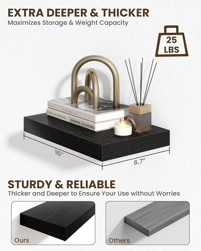 Marsmiles 16" Floating Shelves for Wall, Wooden Shelves with Invisible Brackets Set of 2, Rustic Farmhouse Wall Mounted Shelf for Kitchen Bathroom Living Room Study, Black-Ruum Studio Home