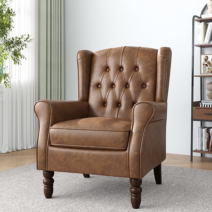 High Back Accent Chair,Upholstered Faux Leather Wingback Armchair with Solid Wood Legs for Small Spaces,Comfy Single Sofa Chair for Living Room,Bedroom,Office-Brown-Ruum Studio Home