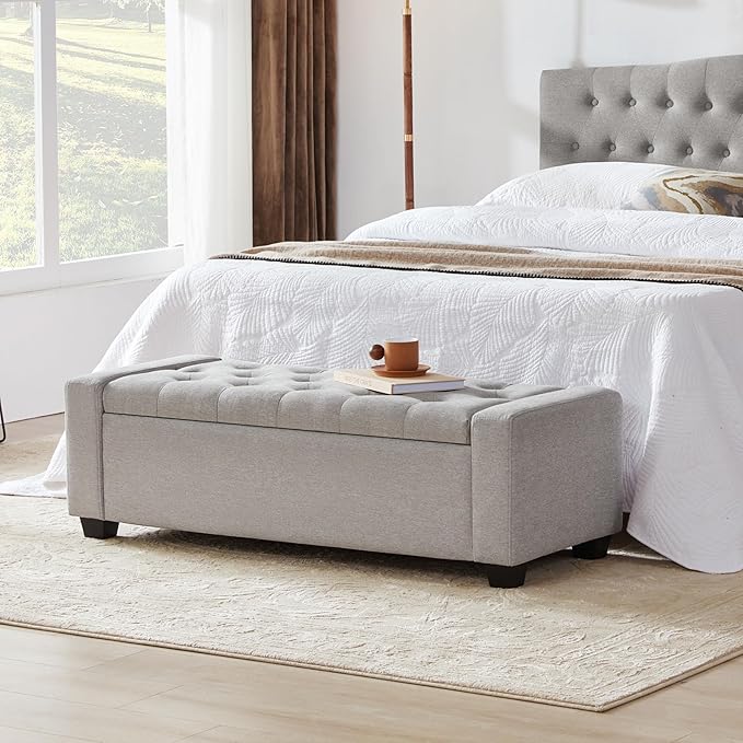 48" Ottoman with Storage, Storage Ottoman Bench with Safety Hinge, Upholstered Entryway Bench with Seating for Bedroom, Living Room, Holds up to 330 lb(Light Gray)-Ruum Studio Home