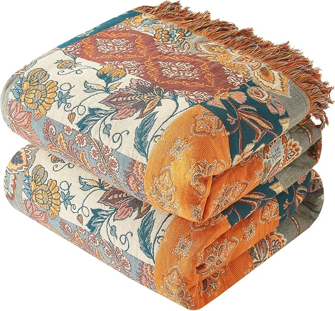 Boho Throw Blanket for Couch Sofa Bed, 100% Cotton Woven Quilt with Tassel 60”x80”, Super Soft Muslin Blanket with Floral Printed, Decorative Reversible Bed Blanket/Cover for All Seasons-Ruum Studio Home