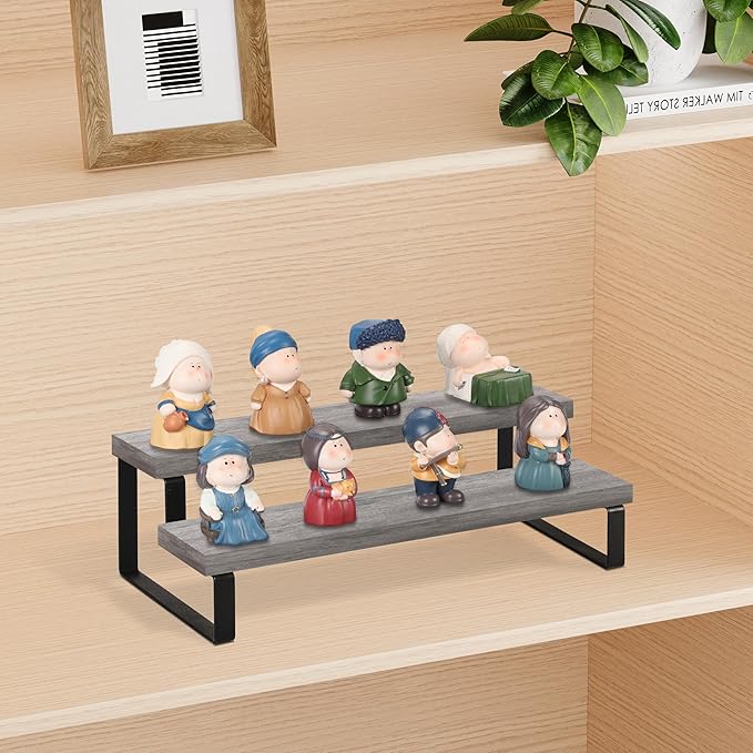 YINMIT Wooden Display Riser Stand, Tiered Perfume and Cologne Organizer Stand, 2 Tier Spice Rack Organizer, Rustic Display Shelf for Candles (2 Tier,Grey)-Ruum Studio Home
