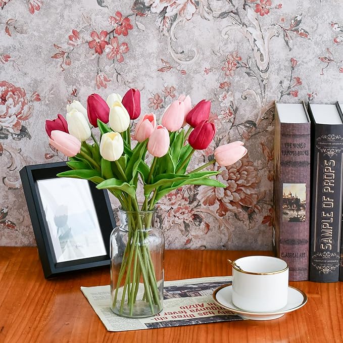 Mandy's Artificial Tulips 20 Stems Shades of Pink PU Faux Flowers for Wedding Home Decor 13.5 Inch-Ruum Studio Home