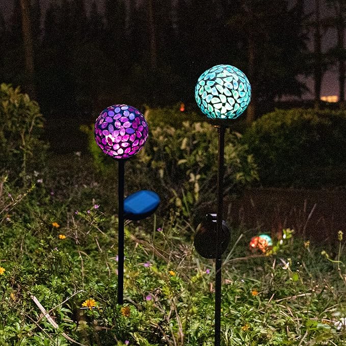VCUTEKA Solar Garden Decorative Lights Outdoor, Mosaic Solar Light Waterproof LED Pathway Stake Light for Landscape Patio Yard Deck Walkway Decoration, 2 Pack （Blue&Purple）-Ruum Studio Home