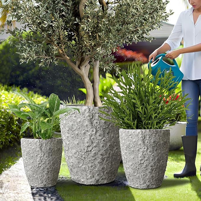 Craft flowerpots 16"+12"+10" Dia Round Concrete Planter Set of 3 Large Outdoor/Indoor Planter Pots Containers with Drainage Holes and Rubber Plug for Home Garden (Grey, Large)-Ruum Studio Home