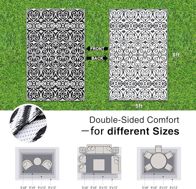 OLANLY Outdoor Rug Waterproof 5x8 ft Clearance, Reversible Outdoor Plastic Straw Rug with Floral Pattern, RV Mat for Patio, Camping, Balcony, Deck, Backyard, Black & White-Ruum Studio Home