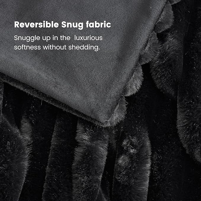 Cozy Bliss Faux Fur Throw Blanket for Couch, Cozy Warm Plush Striped Blanket for Sofa Bedroom Living Room,60 * 80 Inches Black-Ruum Studio Home
