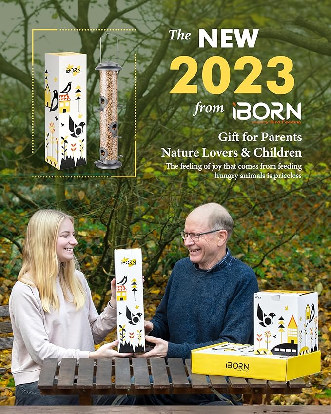 iBorn Metal Bird Feeder Hanging Wild Bird Seed Feeder for Mix Seed Blends Heavy Duty All Metal Silver Finish,14 Inch 6 Port(Seed is not Included)-Ruum Studio Home