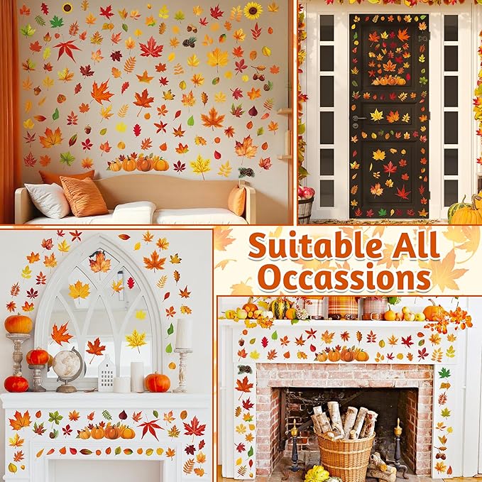 9 Sheets Fall Decorations, 274 PCS Fall Window Clings, Double Sided Autumn Stickers with Maple Leaves Pumpkin Nuts, Autumn Window Clings for Party Thanksgiving Decor Indoor Outdoor Accessories-Ruum Studio Home