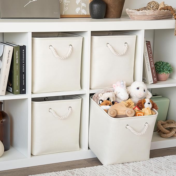 OrganiHaus 12x12 Cube Storage Bins 4 Pack, Foldable Cube Storage Organizer w/ Rope Handles, Collapsible Fabric Bins for Toys, Clothes & Closet Organization, Fabric Square Baskets - Off-White-Ruum Studio Home