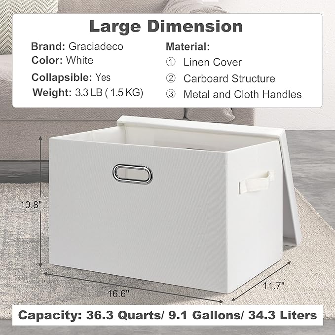 Large 17" 36 Quart Collapsible Stackable Storage Bins with Lids, 1 Pack White Foldable Fabric Closet Storage Boxes with Lids, 4 Handles Heavy-duty Linen Cube Baskets for Bedroom-Ruum Studio Home