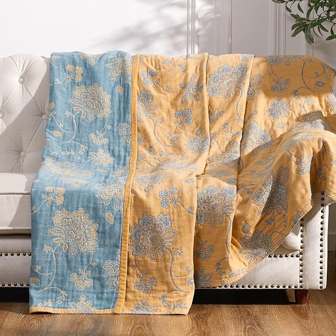jinchan Boho 100% Cotton Muslin Twin Size 50x60 Inches Blanket Lightweight 4-Layer Quilted Soft Yellow and Blue Floral Throw Blanket Reversible Comfy Flower Breathable All Seasons Couch Bedroom Decor-Ruum Studio Home