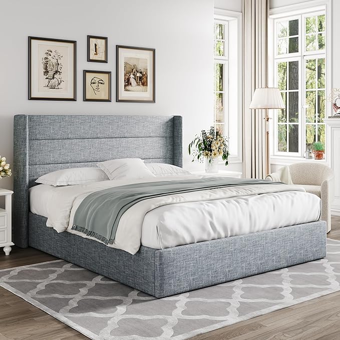 Allewie Queen Size Lift Up Storage Bed, Modern Wingback Headboard, Hydraulic Support, No Box Spring Needed, Grey Blue-Ruum Studio Home