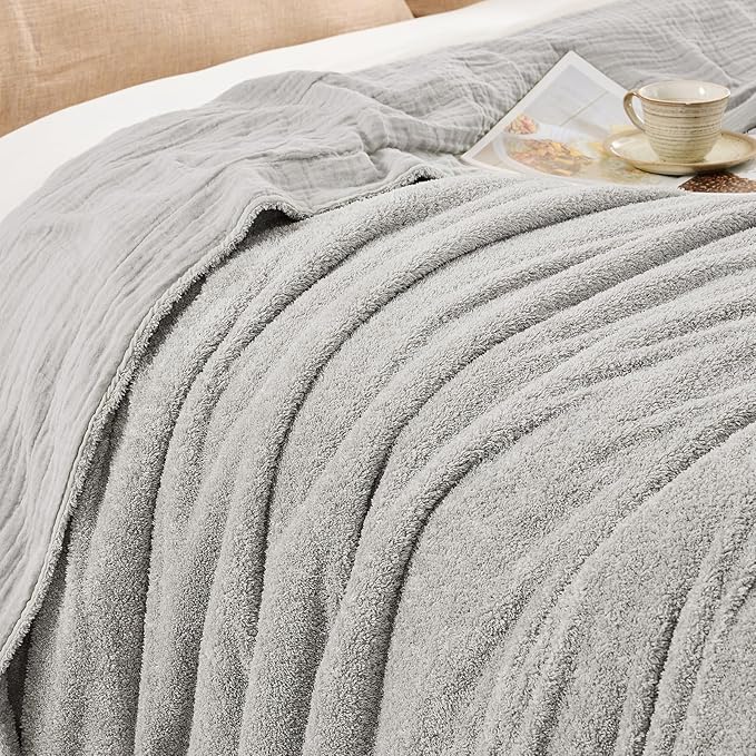 EMME Muslin and Fleece Throw Blanket Reversible - 50"*60" Grey Soft Warm Throw Blankets for Couch Bed Picnic Travel Bed-Ruum Studio Home