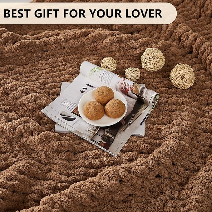 L'AGRATY Chunky Knit Blanket Throw: 80''x90'' Chenille Chunky Knitted Throw Blanket for Bed Couch - Handmade Thick Big Cable Knit Blanket - Large Chunky Crochet Rope Blanket for Home Decor(Brown)-Ruum Studio Home