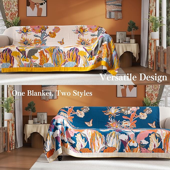 Boho Throw Blanket Full Size, Extra Large Soft Cozy Cotton Muslin Quilt Blanket for Bed Decor, Floral Patterned Couch Sofa Chair Cover, Vintage Farmhouse Cottage Woven Blanket, Yellow&Blue-Ruum Studio Home