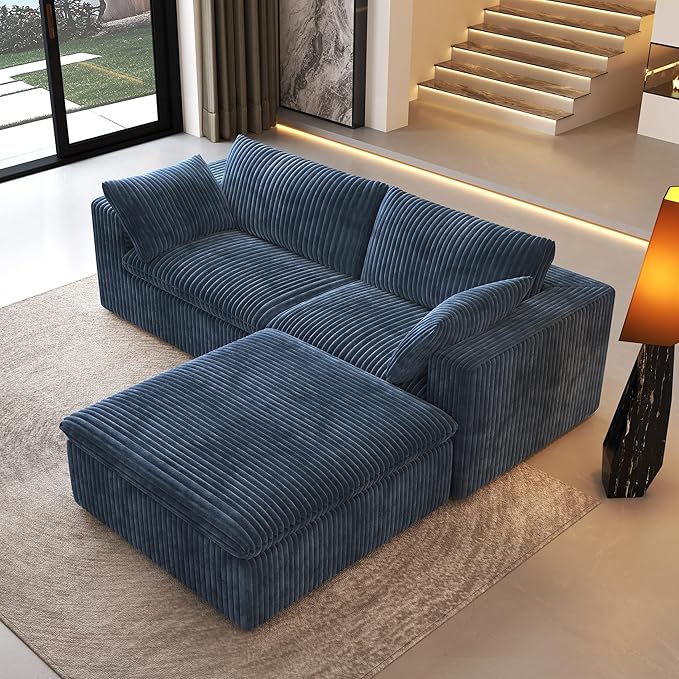 78.74" L Shaped Modern Sofa Modular Sectional Cloud Couch with Ottoman,Upholstered Couches with Plush Corduroy Fabric for Living Room Furniture,Bedroom and Apartment,No Assembly Required,Blue-Ruum Studio Home