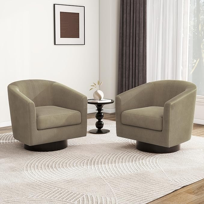 Swivel Barrel Accent Chair, Modern Round Corduroy Fabric Arm Chair for Living Room, Bedroom, Comfy Club Reading Chairs for Adults (Corduroy Camel, Set of 2)-Ruum Studio Home