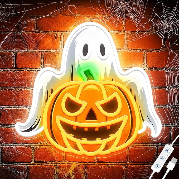 Spooky Glow Halloween Neon Signs for Wall Decor - Ghost & Pumpkin Led Neon Light Up Sign, Glow in Dark Indoor Decor for Porch Window Home Bar Party, Scary Halloween Decorations Gifts for Kids-Ruum Studio Home