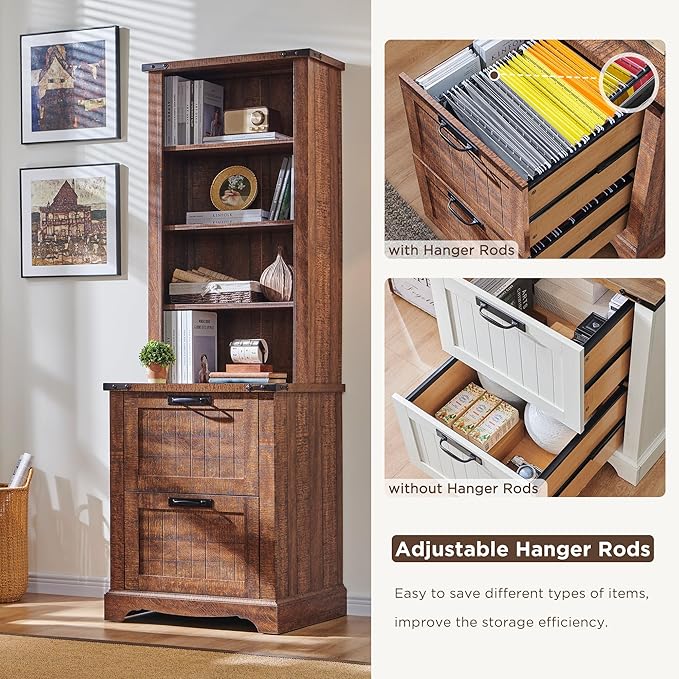 RedLemon Bookcase with 2 File Drawers, 72" Tall Farmhouse Bookshlef with Storage and Adjustable Shelves, 4 Tier Rustic Wood Bookshelf with Cabinet for Office, Living Room (Reclaimed Barnwood Color)-Ruum Studio Home