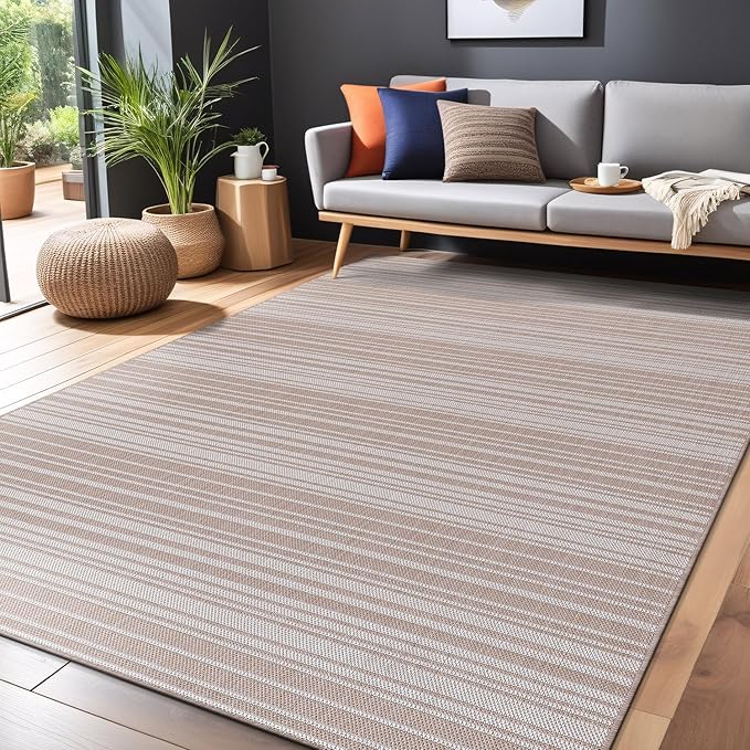 Stripe Outdoor Rug 9x12 Washable Outside Carpet for Indoor Patio Porch Waterproof Easy Cleaning Non Shedding Area Rugs Beige 9 x 12-Ruum Studio Home