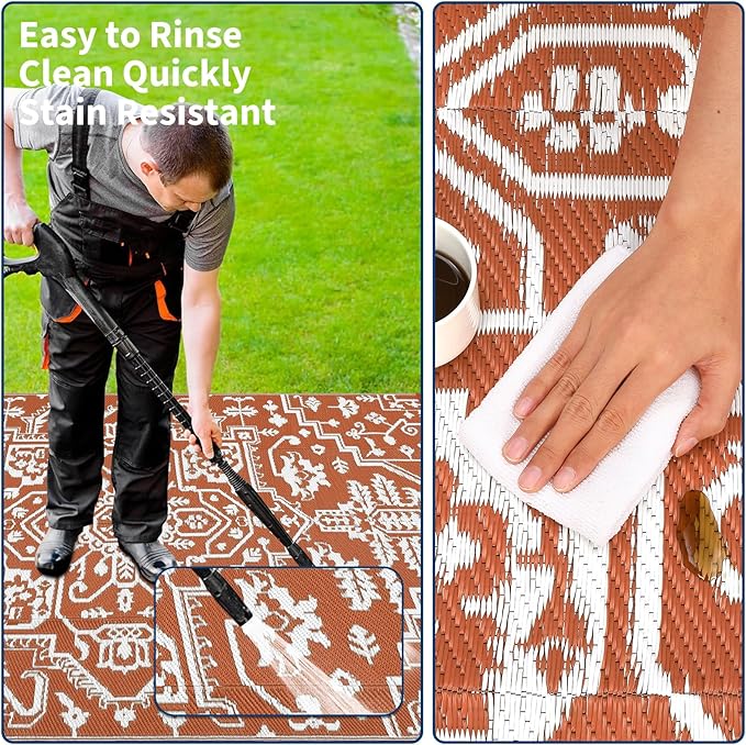 Outdoor Rug 9x12 Waterproof Reversible Plastic Straw Patio Rug, Stain-Resistant Vintage Medallion Carpet, Large Easy-Cleaning Indoor Outdoor RV Mat for Deck, Camping, Balcony, Terracotta Brick/White-Ruum Studio Home